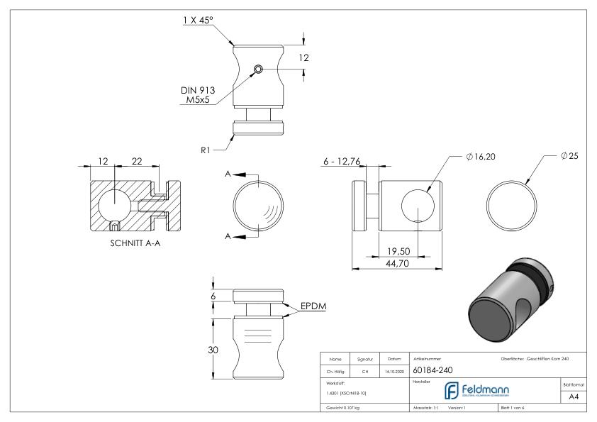 Querstab-Glashalter Ø25mm für 16mm Rund, für Glas 6-12,76mm, V2A Querstab-Glashalter Ø25mm für 16mm Rund, für Glas 6-12,76mm, V2A