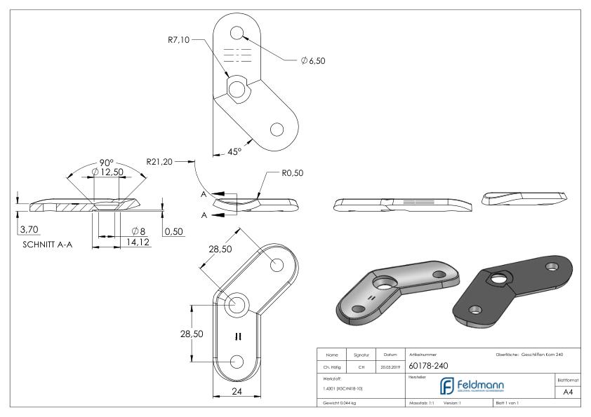 Handlaufanschlussplatte 135°, 42,4mm, V2A