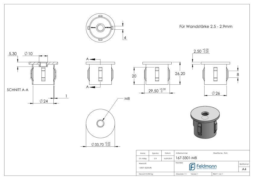 Stahleinschlagkappe, für Rohr 33,7mm
