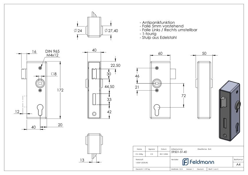 Anti-Panikschloss mit Schlosskasten 40 x 60 x 172mm, mit Wechselfunktion E, DIN R & L Anti-Panikschloss mit Schlosskasten 40 x 60 x 172mm, mit Wechselfunktion E, DIN R & L