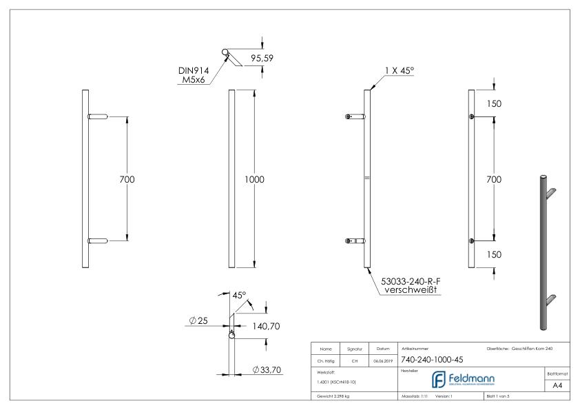 Stoßgriff inkl. Halter mit 45° Schräge 45° mit L: 1000mm, V2A