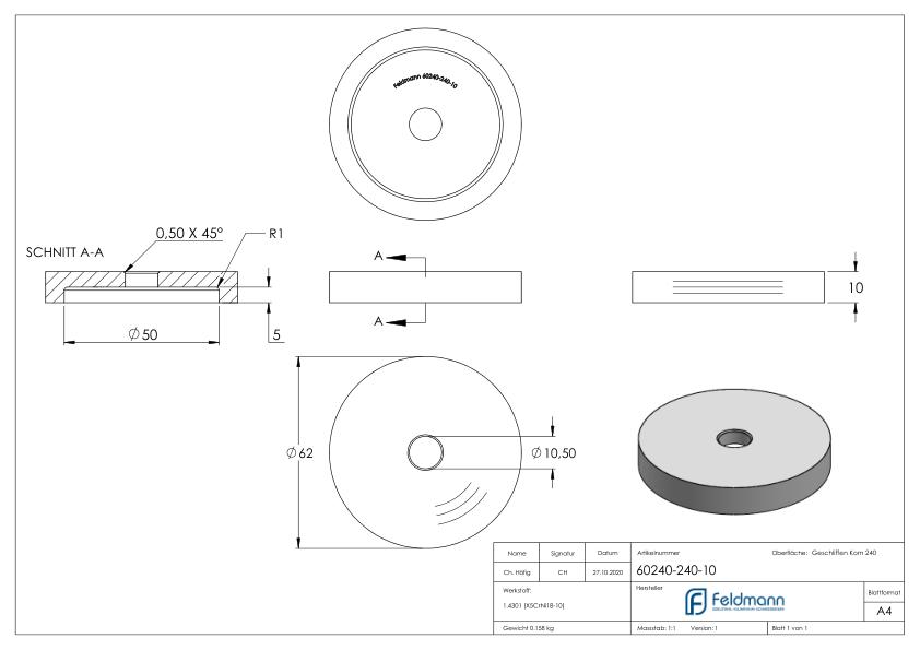 Unterteil für 62mm Glaspunkthalter, t: 10mm, V2A