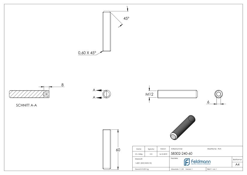 Gewindestift M12x60, V2A, DIN 913 / ISO 4026 Gewindestift M12x60, V2A, DIN 913 / ISO 4026