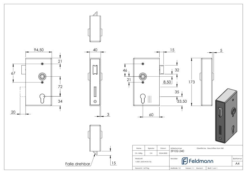 Edelstahlschlosskasten mit verzinktem Schloss, Abmessung: 40x94,5x173mm