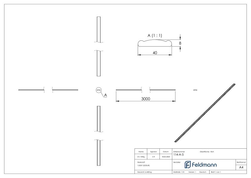 Handlauf 40x8mm, L: 3000mm