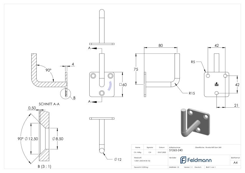 Handlaufhalter eckig zum Anschweißen (Ronde und Bügel verschweißt), V2A