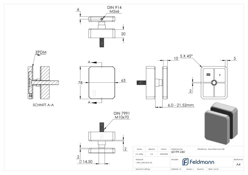 Glaspunkthalter 63x78mm, flach, V2A
