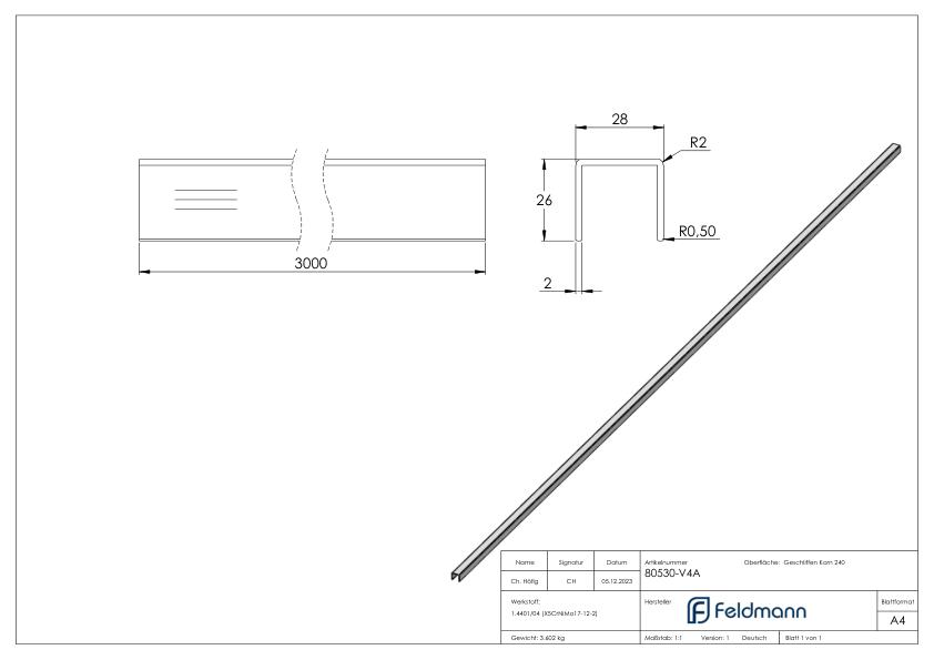 Edelstahl-U-Profil, 28x26x2mm, L: 3000mm, V4A