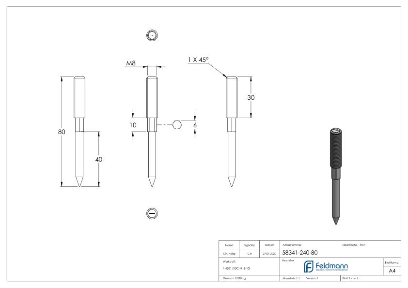 Stockschraube M8x80mm, V2A
