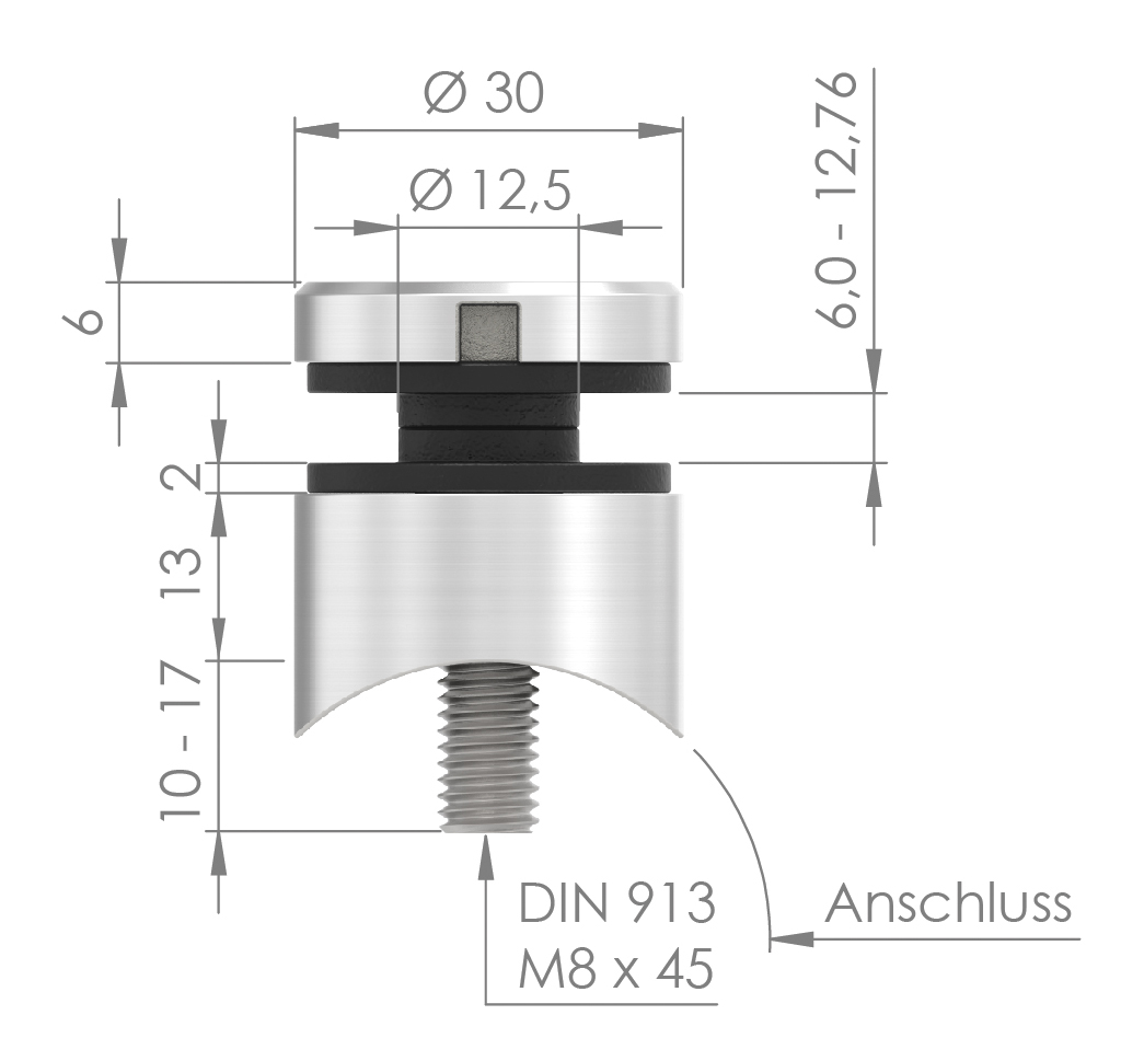 Glaspunkthalter 30mm, Anschluss: 42,4mm, VA-Effekt Glaspunkthalter 30mm, Anschluss: 42,4mm, VA-Effekt
