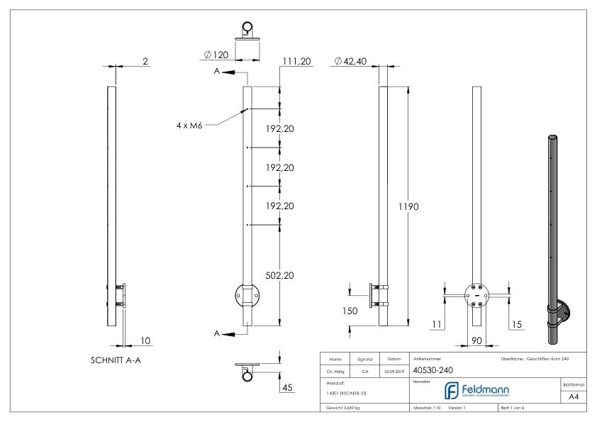 Edelstahlpfosten V2A zur Wandmontage, H: 1190mm