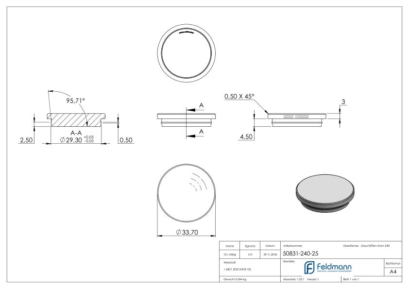 Rohrabschlussstopfen, für Rohr 33,7x2,5mm, V2A