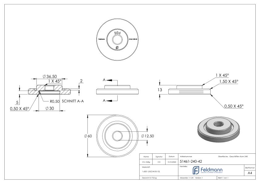 Adapterplatte Ø 60mm für Rohr 42,4 x 2,0-2,5mm, V2A