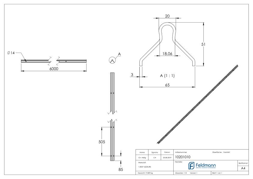 Laufschiene 20mm, L: 6000mm zum Einbetonieren