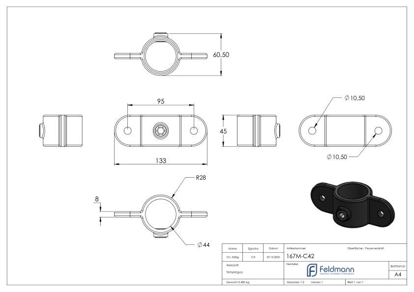 Halter mit 2 Laschen, 180°, für Rohr Ø 42,4mm