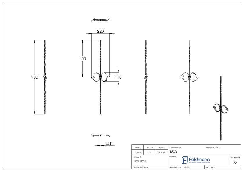 Zierstab 12x12mm, gerillt, Barock, H: 900mm