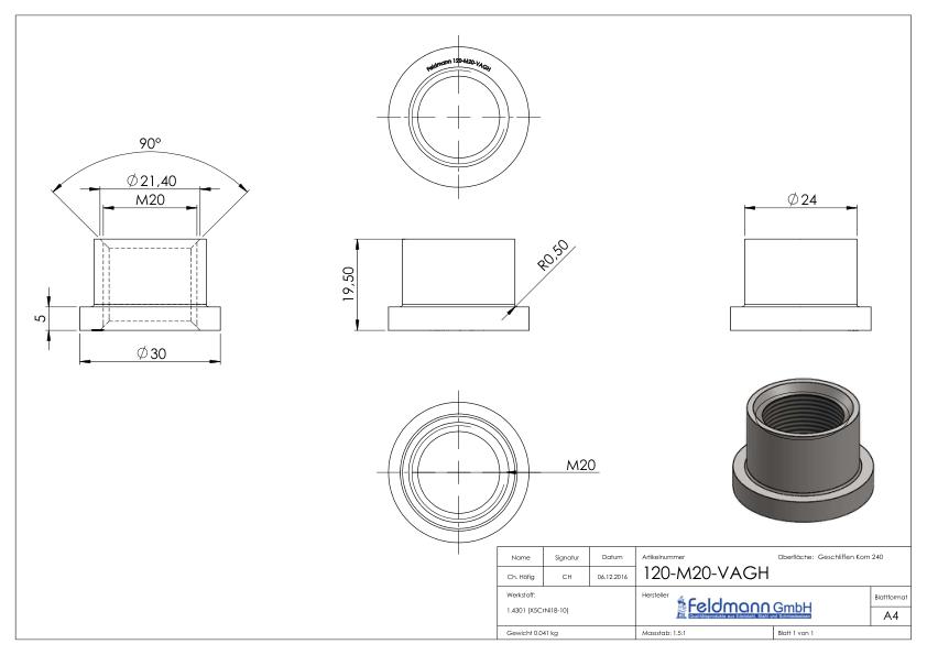 Gewindehülse, passend zu Torband 120-M20-VA , V2A