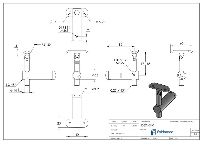 Handlaufhalter mit Gelenk, Handlaufanschlussplatte 42,4mm, V2A