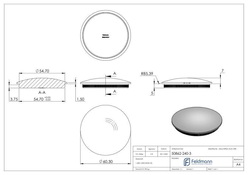 Rohrabschlussstopfen, für Rohr 60,3x3,0mm, V2A