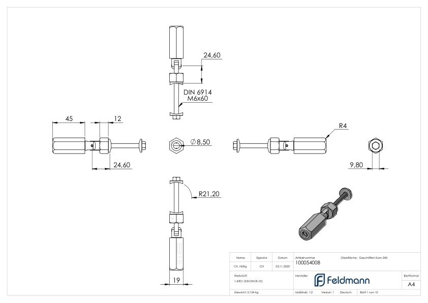 Gewindeterminal zur Selbstmontage, Seil 8mm, V2A