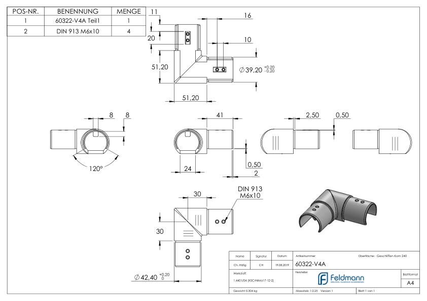 Eckbogen horizontal, für 42,4mm, V4A, Verlaufsecke