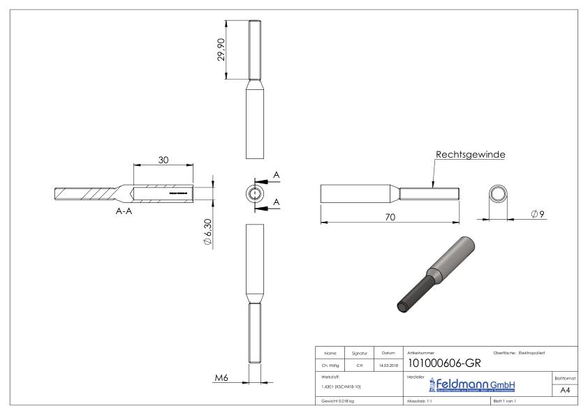 Gewindeterminal für Seil 6mm, V2A