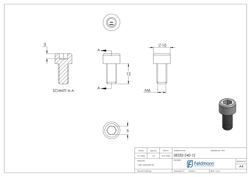 Zylinderkopfschraube M6x12, V2A, DIN 912 Zylinderkopfschraube M6x12, V2A, DIN 912