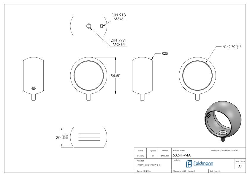 Kugelring für Handlaufhalter, 42,4mm, V4A