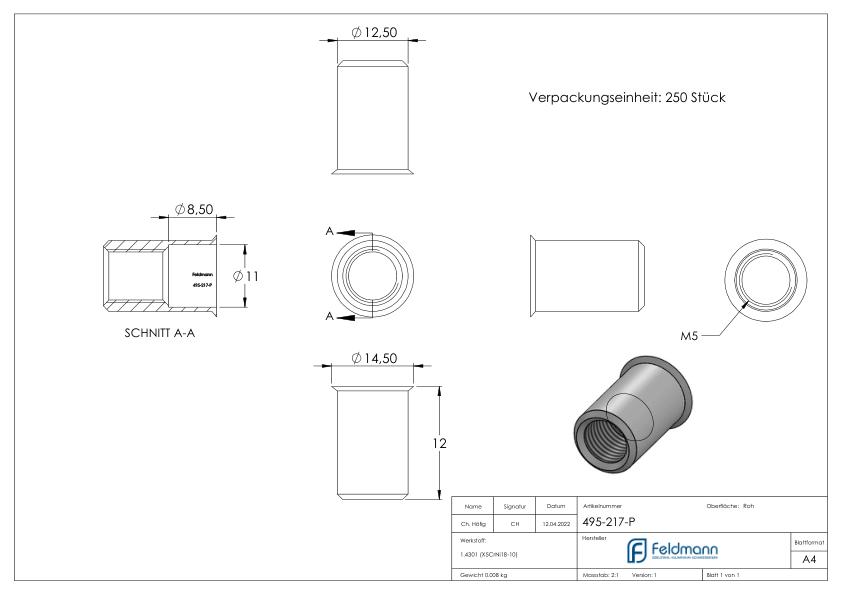 Blind-Einnietmutter, V2A M10/Loch 13mm, VPE mit 250 Stück, V2A