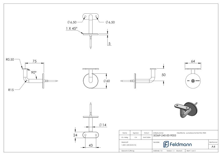 Handlaufhalter mit flacher Platte, (Ronde und Bügel verschweißt), V2A in RAL 9005 beschichtet