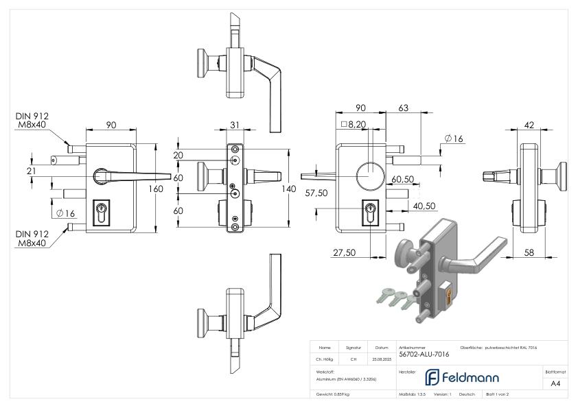 Gittertorschloss GTS 2 mit Anti-Panik-Funktion für Rohrstärke 40-60mm, Gehäuse RAL 7016