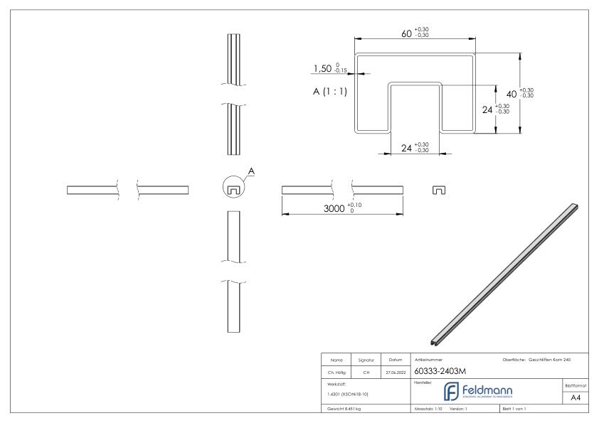 Rechtecknutrohr, 60x40x1,5 mm, L: 3000mm, V2A