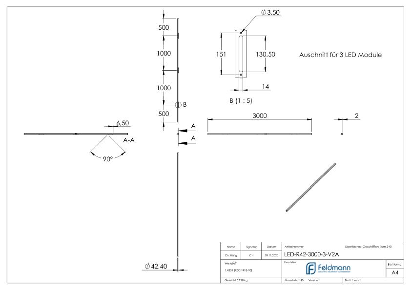 Edelstahlrohr 42,4x2,0mm für LED Module, V2A