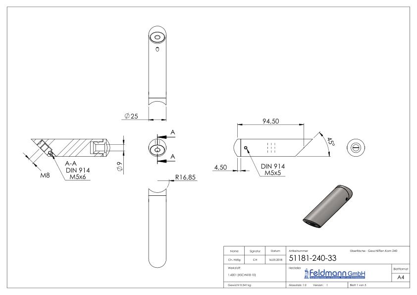 Rohrabstandshalter schräg, für Rohranschluss 33,7mm, V2A Rohrabstandshalter schräg, für Rohranschluss 33,7mm, V2A