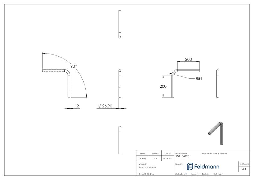 Rohrbogen 90°, aus Rohr 26,9x2,0mm, V2A