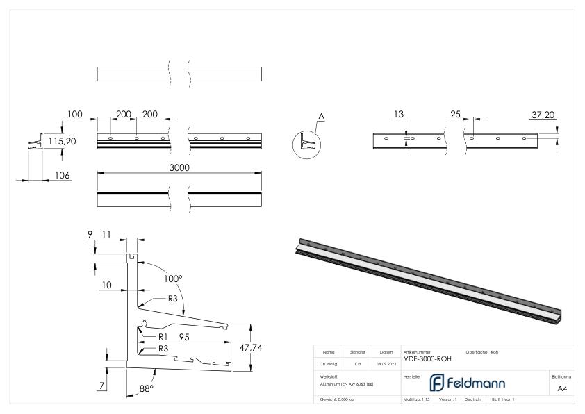 Vordachprofil eleganza canopy, L: 3000mm, roh