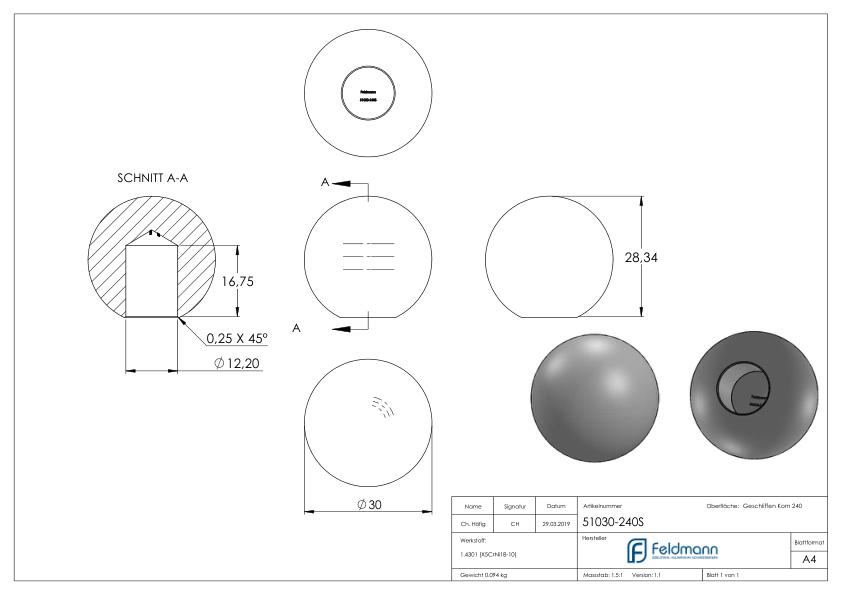 Vollkugel Ø 30mm mit Sackloch 12,2mm, V2A