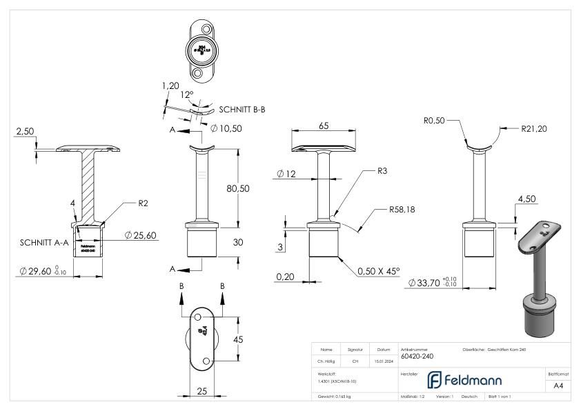 Rohrabschlussstopfen für Rohr 33,7x2,0mm, Handlaufanschlussplatte: 42,4mm, V2A