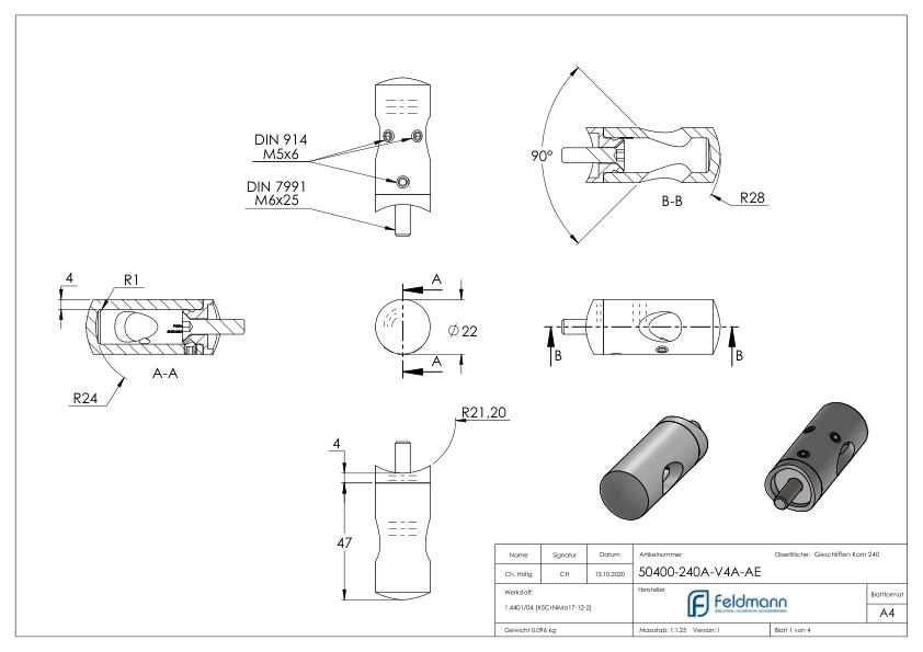 Querstabhalter für 42,4mm Rohr, 12,2mm Bohrung, Außenecke, V4A