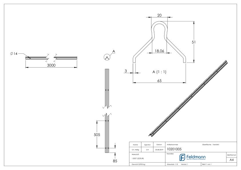Laufschiene 20mm, L: 3000mm zum Einbetonieren