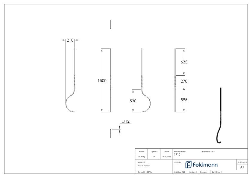 Korbgitterstab 12x12mm, glatt, H: 1500mm