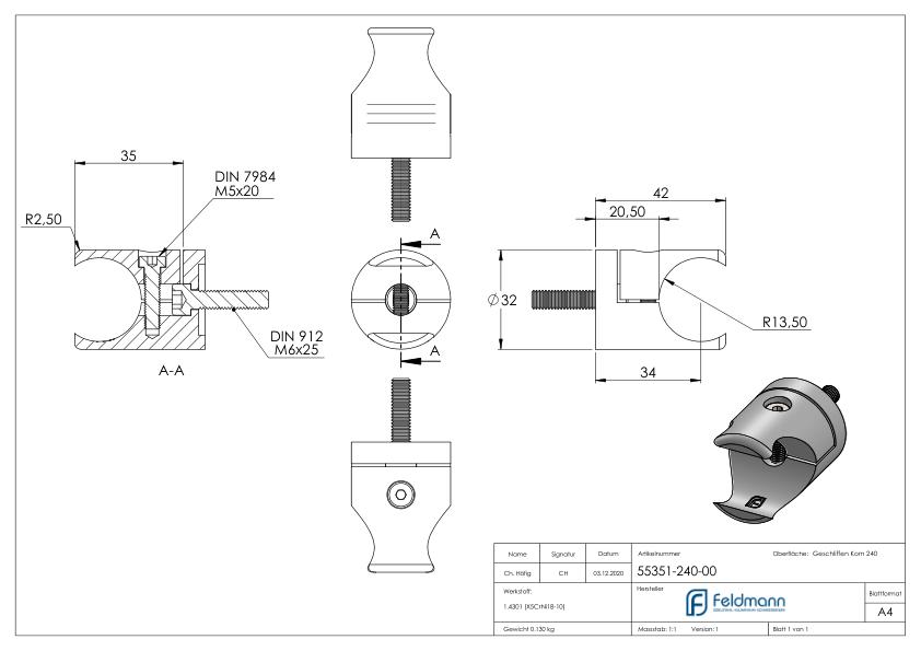 Halter für rundes Klemmprofil 27mm Anschluss: gerade, V2A