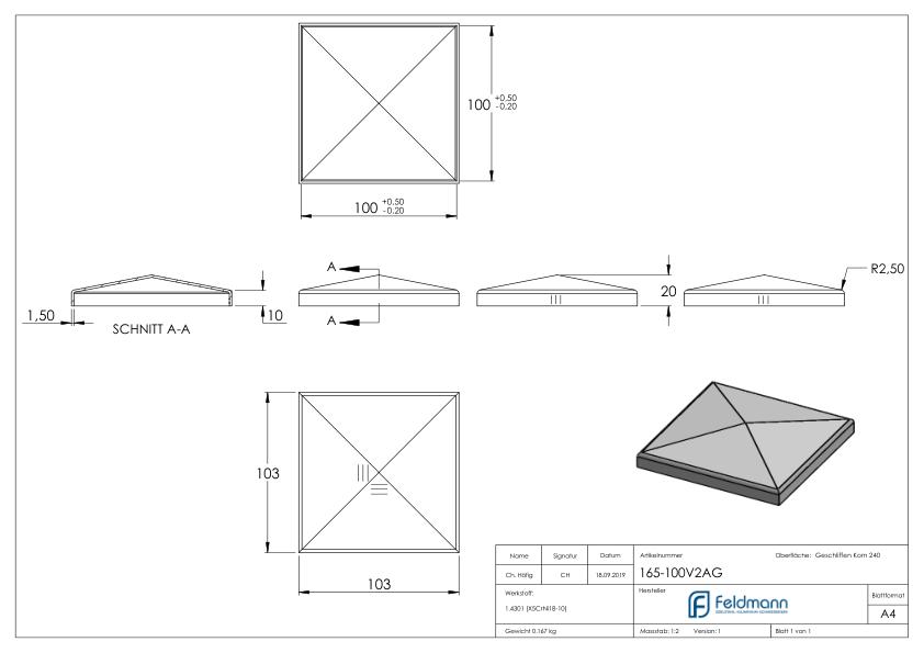 Pyramidenkappe, für Rohr 100x100mm, V2A