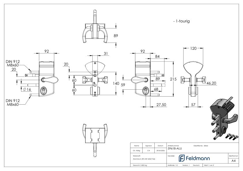 VINCI - Mechanisches Codeschloss LMKQV2, für Profilrohr 60 - 80mm, Farbe silber