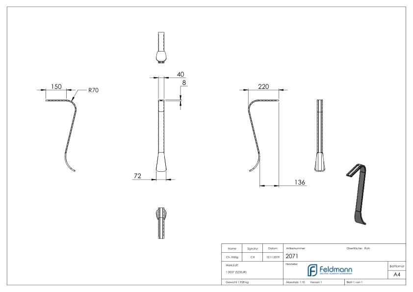 Handlaufanfänger S235JR, 40x8mm, geschwungen