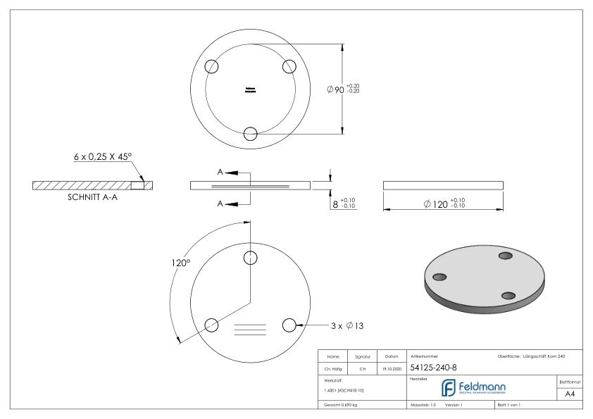 Ankerplatte Ø 120x8mm, mit Längsschliff, V2A