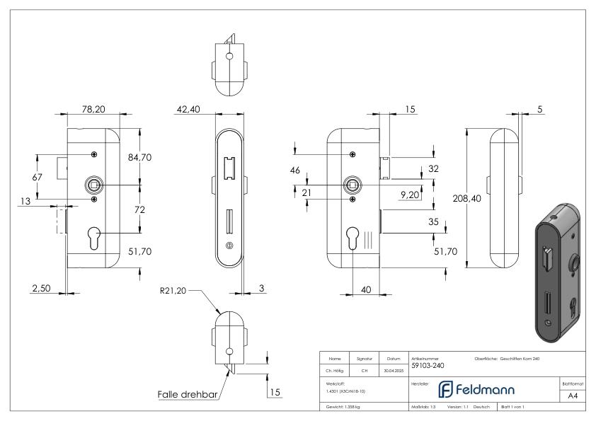 Edelstahlschlosskasten mit verzinktem Schloss, 42,4x78,2x208,4mm