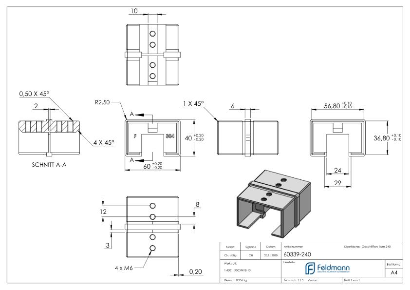 Verbinder für Rechteck-Nutrohr 60x40mm, V2A