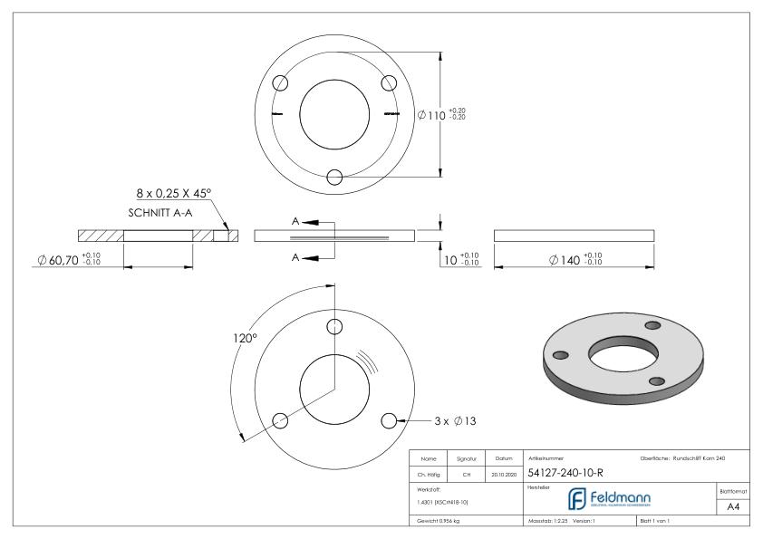 Ankerplatte Ø 140x10mm, mit Rundschliff, V2A