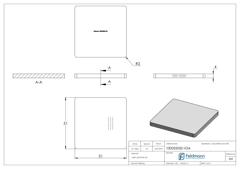 Platte zum Anschweißen für Rohr 50x50, V2A